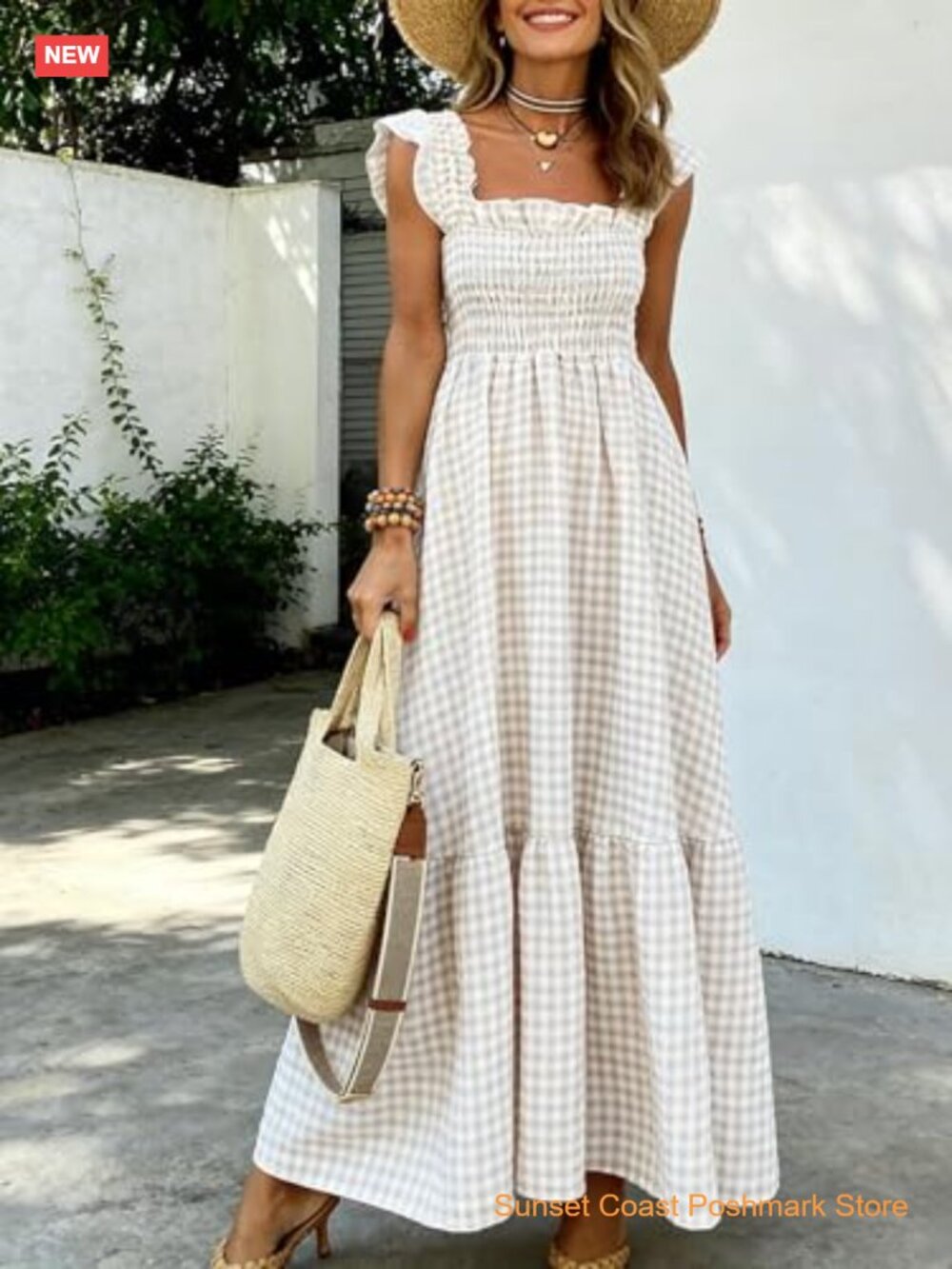 Smocked Maxi Dress Square Neck Ruffle Cap Sleeves Tiered Flowy Gingham Boho - Picture 2 of 6